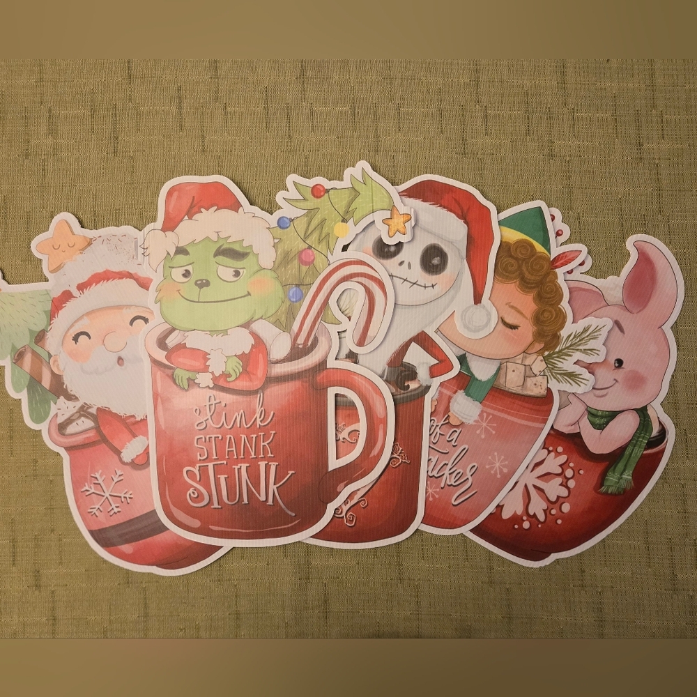 New 5 Piece Christmas Yard Signs Tea Cup~ Santa, Grinch, Disney, Elf, Nightmare